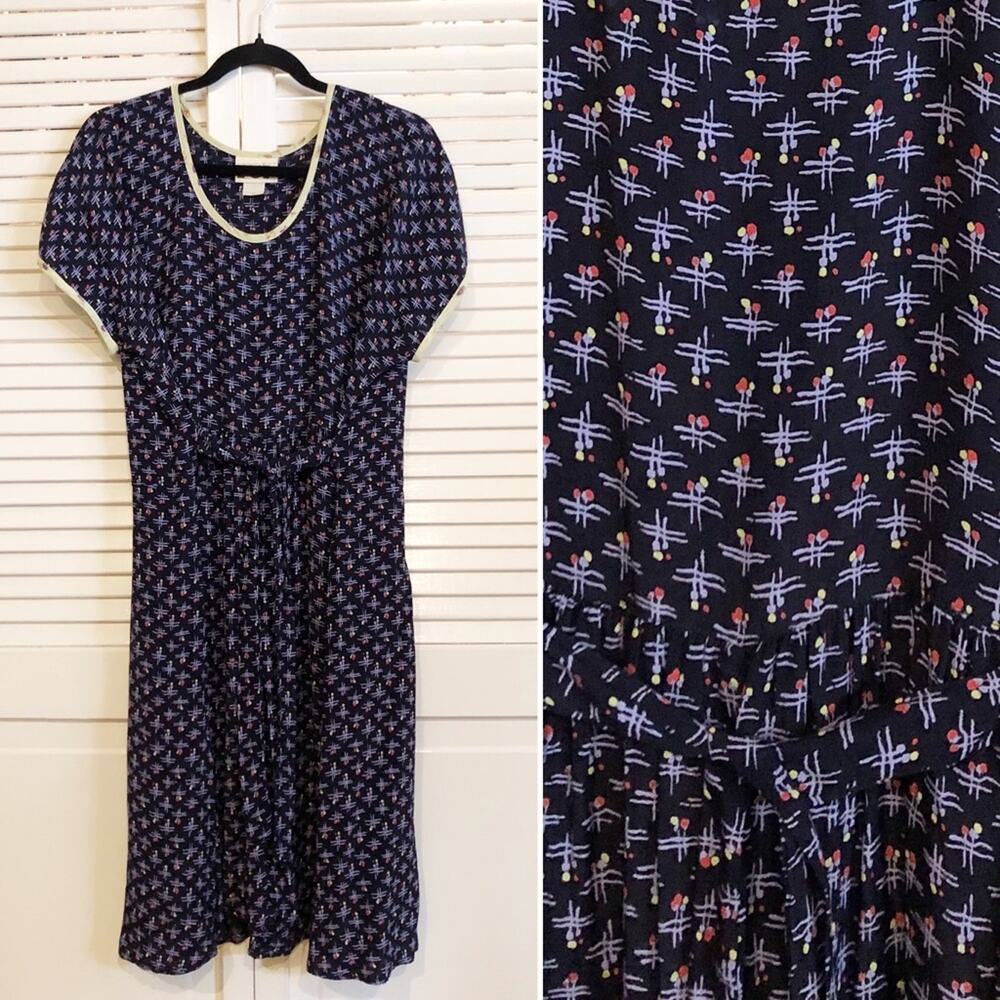 Vintage Zoe Blue Printed Belted Dress Large